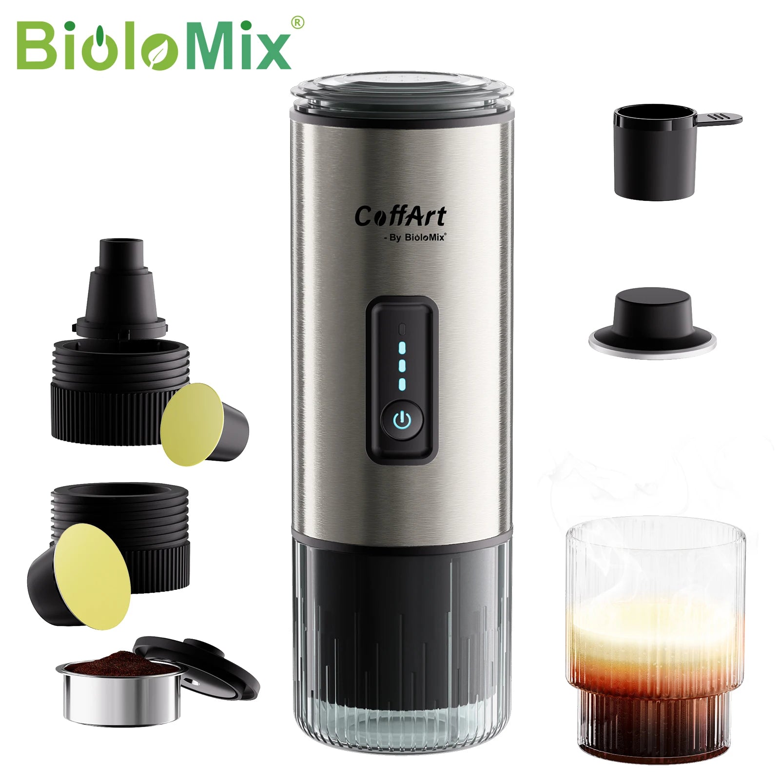 BioloMix CoffArt portable stainless steel espresso maker with coffee capsule and grounds adapters and glass cup.