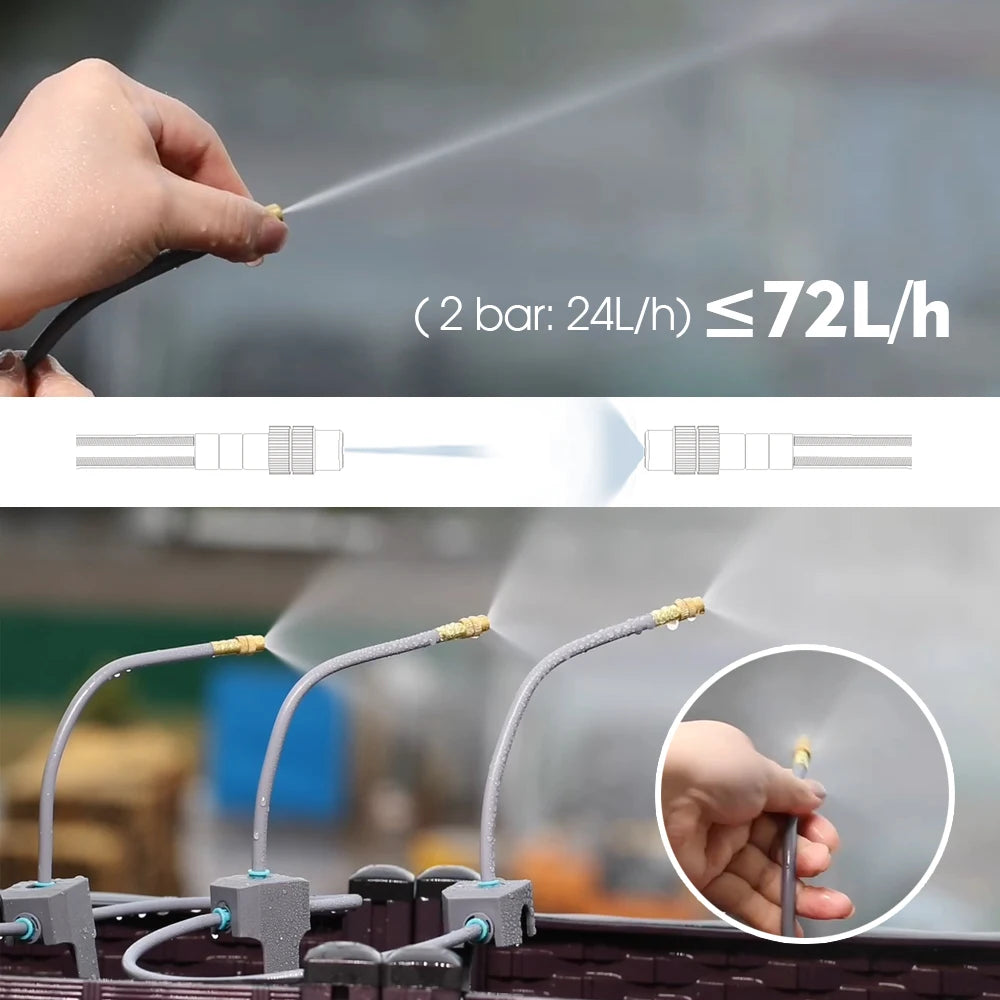 Hand holding misting irrigation tubing over sprinklers; gray hose with brass nozzle tips