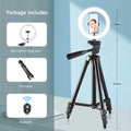 10-inch ring light on a black adjustable tripod stand with phone mount and Bluetooth remote for photography and video.