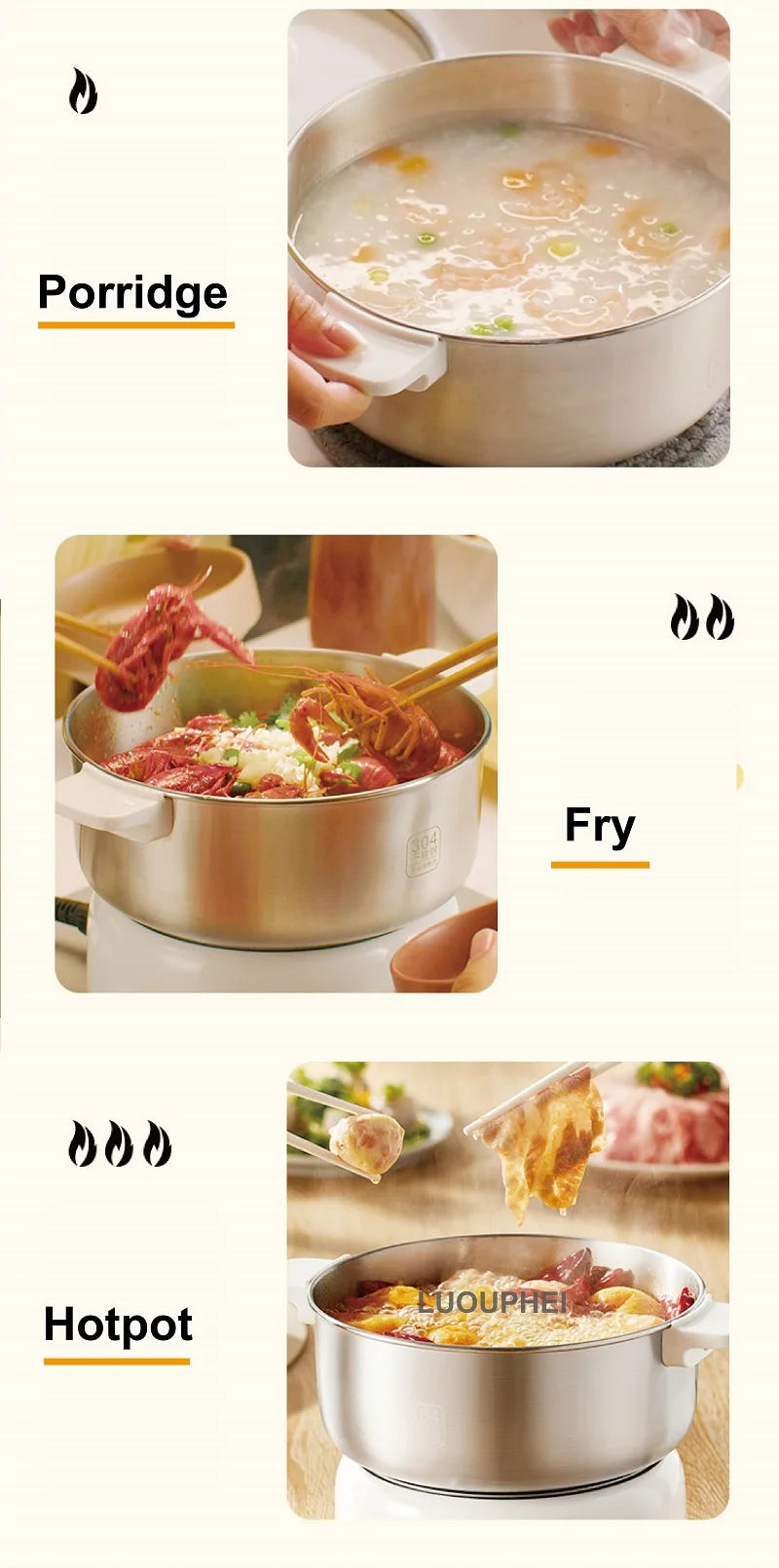 White electric cooking pot with lid, shown steaming and heating foods