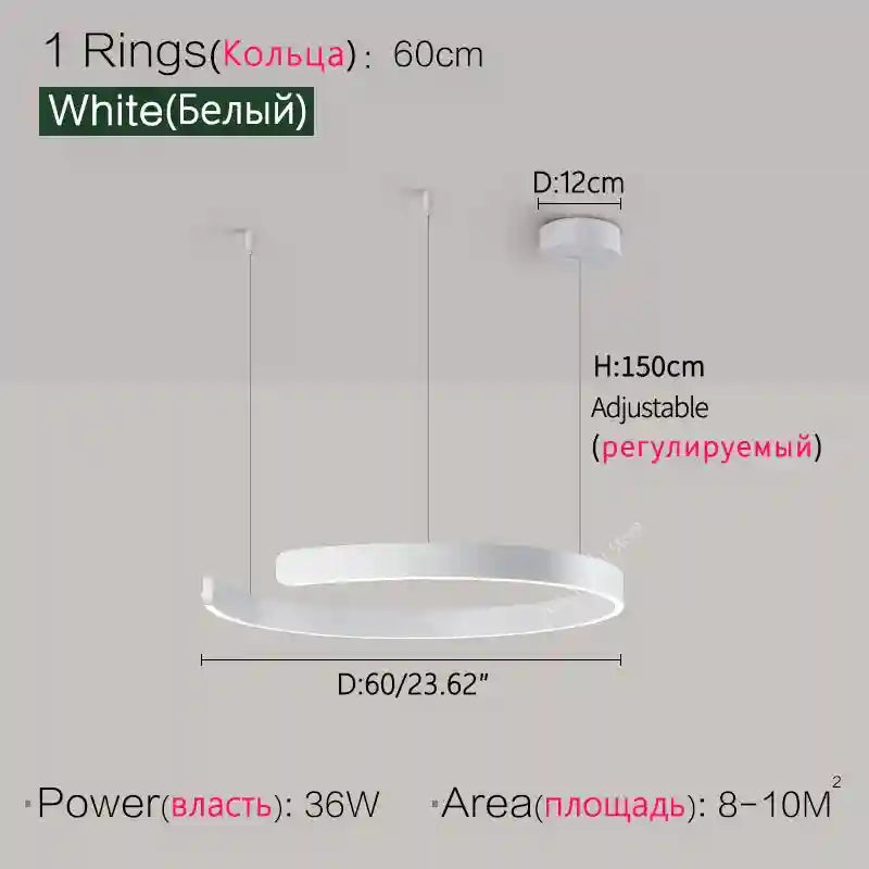 Modern 3-Ring LED Chandelier - Adjustable Dimmable Black Finish White 60cm Tidesmit