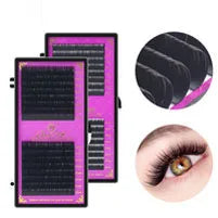 Black lash extension trays in pink cases with a circular close-up showing individual synthetic lashes on an eyelid.