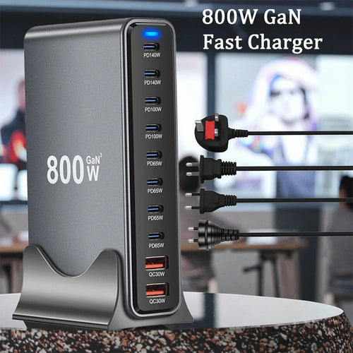 800W GaN 10-Port USB-C Desktop Charger - Fast Multi-Device Power Station Tidesmit
