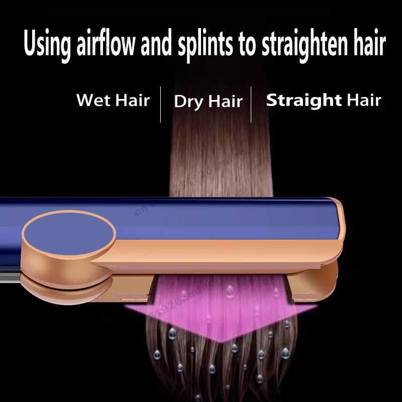 Blue and gold professional hair straightener and dryer styling tool using airflow to dry and straighten wet hair.