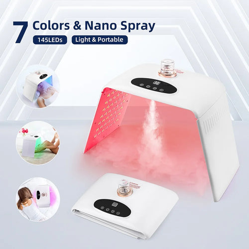 Portable 7-color LED therapy device with 145 LEDs and nano spray for facial skin wellness and light therapy treatment.
