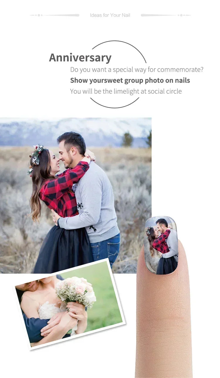 Custom photo nail sticker showing a couple, applied to a fingernail for personalized anniversary manicures.