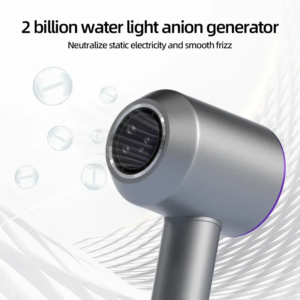 Silver high-speed negative ion hair dryer with bladeless design for silent, frizz-free, quick-drying hair care.