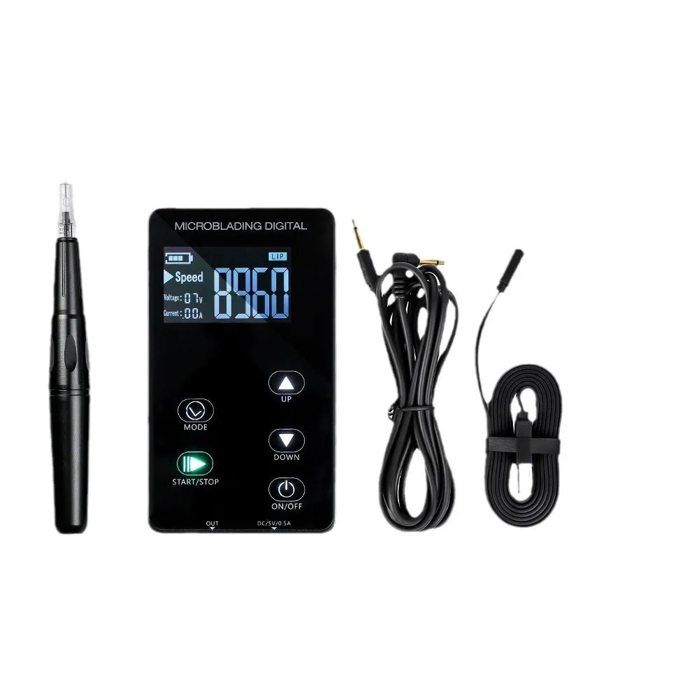 Black digital microblading machine with pen, power unit, and cables for permanent makeup applications.