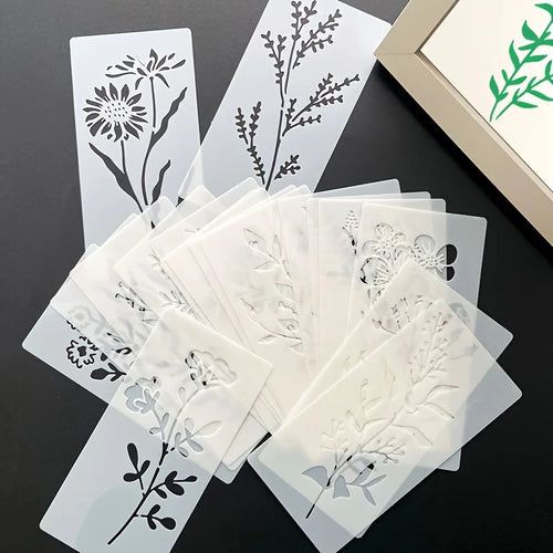 Set of reusable plastic flower painting stencils with botanical branch and leaf designs