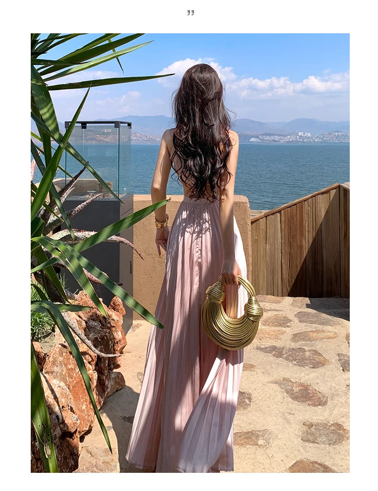 New Sexy Club Birthday Party Pleated Robe Long Dresses Women Summer Halter Neck Sleeveless Off The Shoulder Holiday Beach Dress