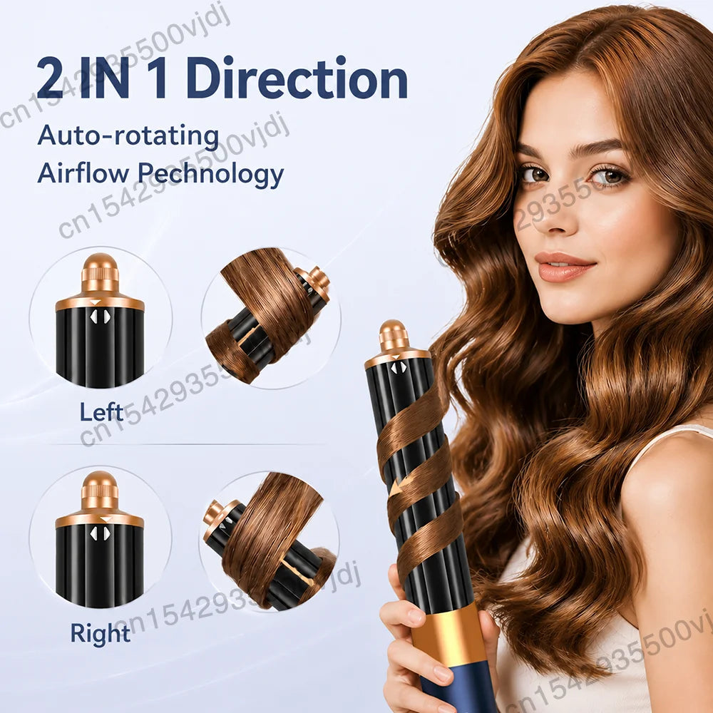 7-in-1 ionic hair dryer with auto-rotating curling attachment in black and gold for fast, salon-style waves.