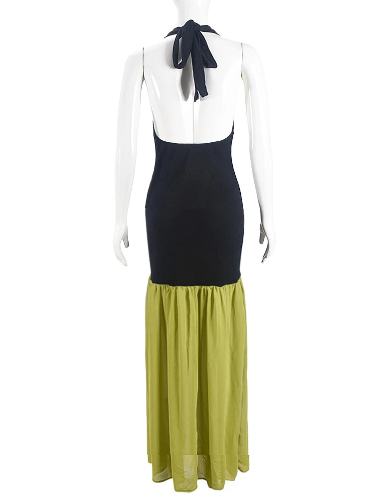 Kliou Halter Patchwork Maxi Dress Women Elegant Contrast Colors Draped Backless Low Neck Sheath Robe Mujer High Street Vestidos