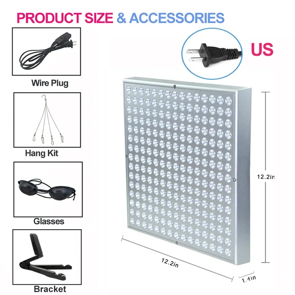 225-LED UV tanning lamp panel with adjustable stand, hang kit, and protective glasses for home body tanning.