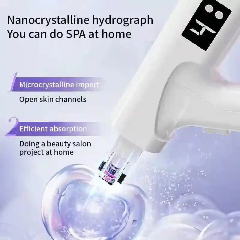 White handheld facial beauty device with a digital display emitting a purple light onto a clear, heart-shaped object.