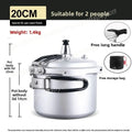 20cm portable pressure cooker with black side handle, vented lid and chrome valve, silver.