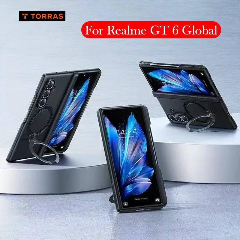 Black protective case for Realme GT 6 with integrated circular ring kickstand for hands-free viewing.