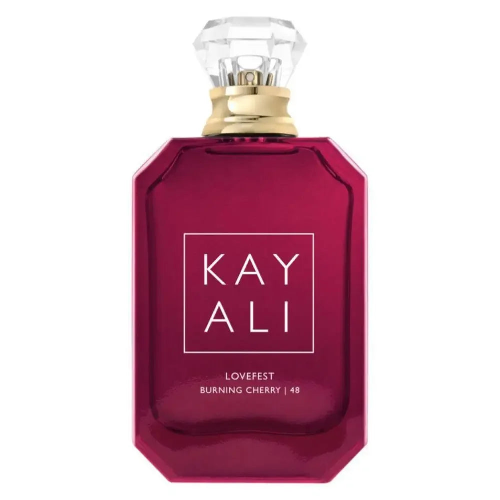 Kayali Lovefest Burning Cherry 48 EDP: 100ml cherry woody floral perfume in a red rectangular bottle with diamond cap.