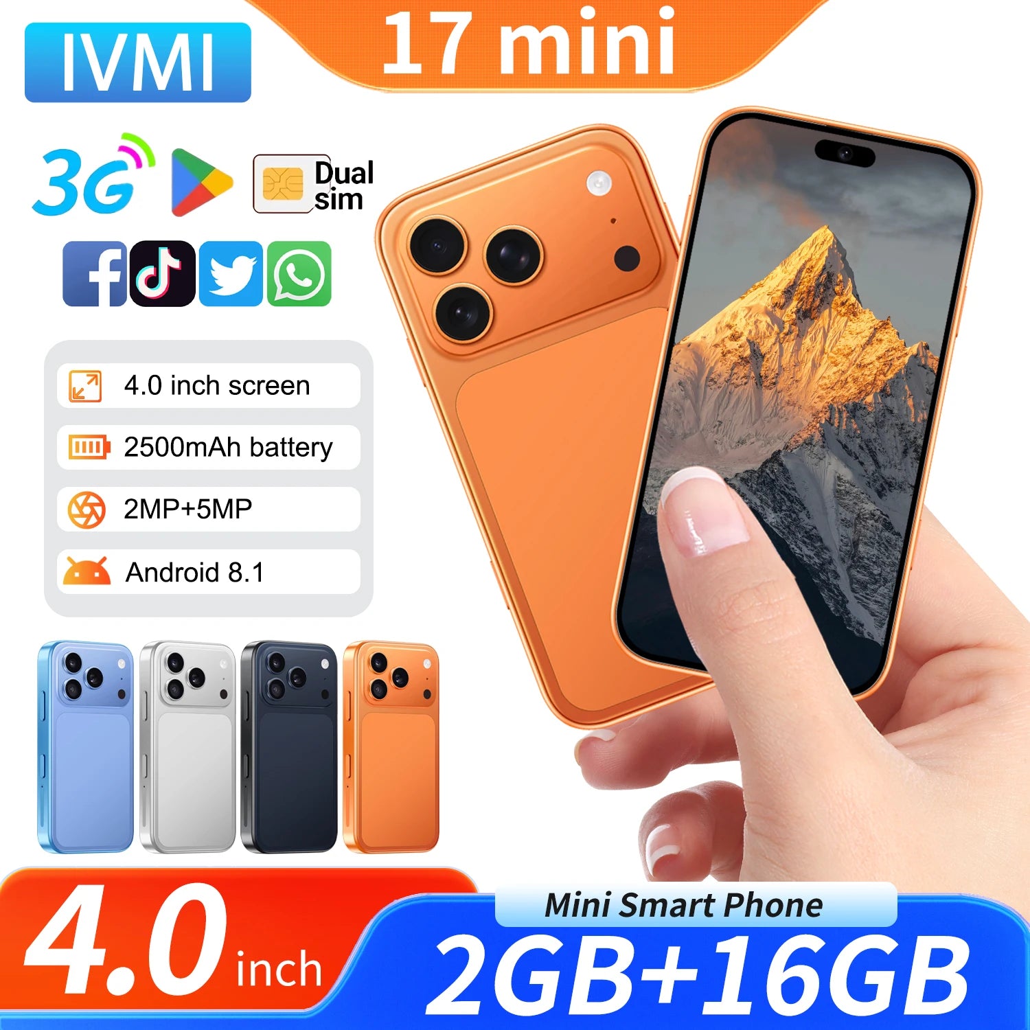 IVMI 17 mini 2GB RAM 16GB ROM Smartphones Android 8.1 Dual SIM 4.0"Display WIFI Bluetooth Play Store 3G Small Mobile Phone