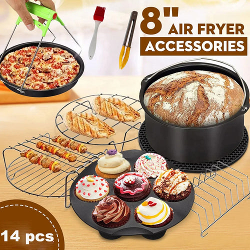 Air fryer accessories set for 8-inch fryer: racks, molds, and pans (14 pcs).
