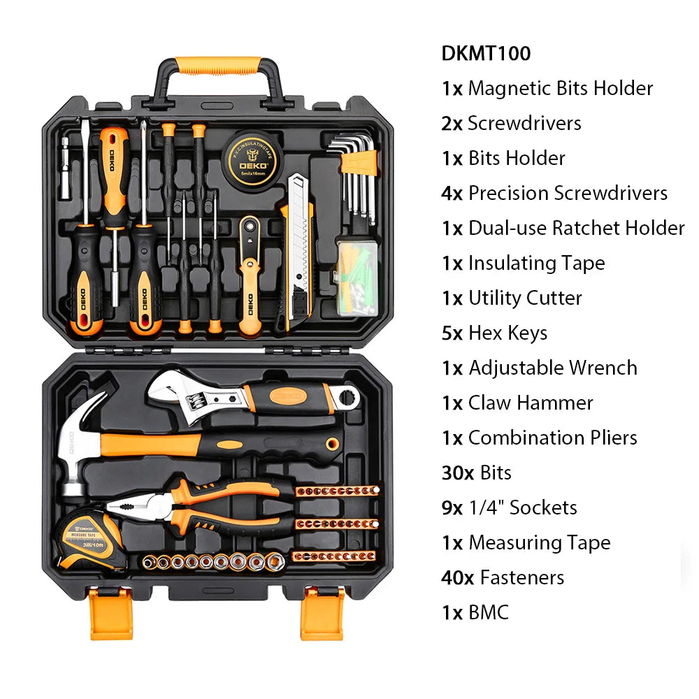 DEKO DKMT100 multifunctional tool kit case with orange/black hand tools and bits holders