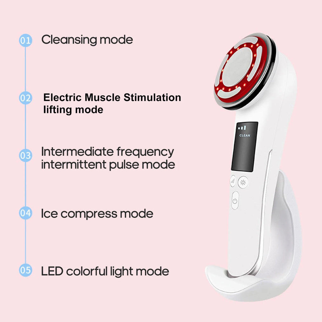 White hot and cold facial beauty device with LED light, EMS, and base for skin cleansing, lifting, and pulse therapy.