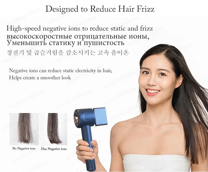 Blue 1600W leafless negative ion hair dryer with nozzle attachment for frizz-free, smooth styling.