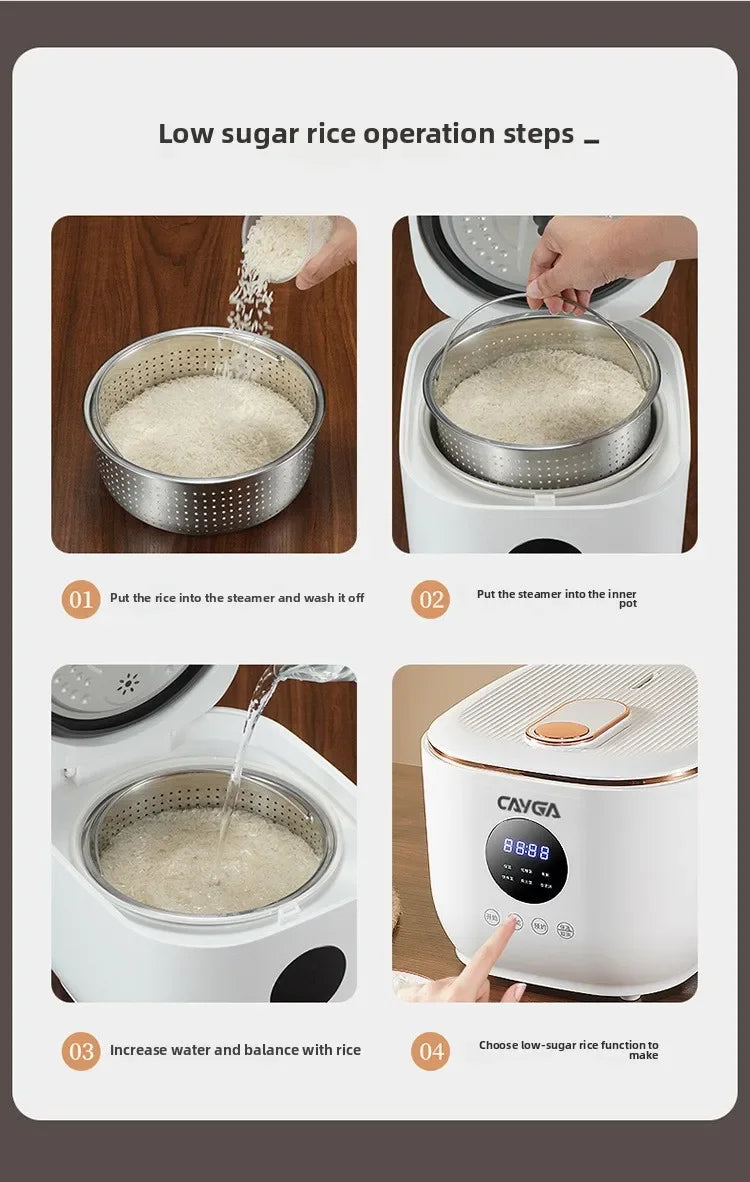 Rice cooker steamer basket setup steps with hand pouring water into inner pot