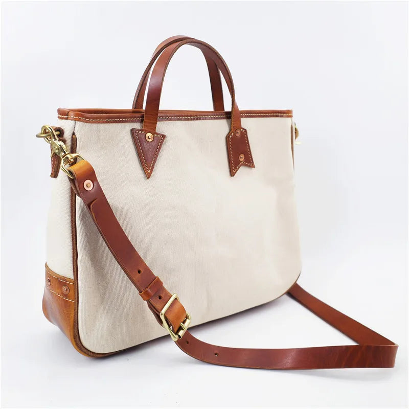 Simple designer handmade thick canvas cow leather men women's handbags outdoor daily work travel large-capacity messenger bag