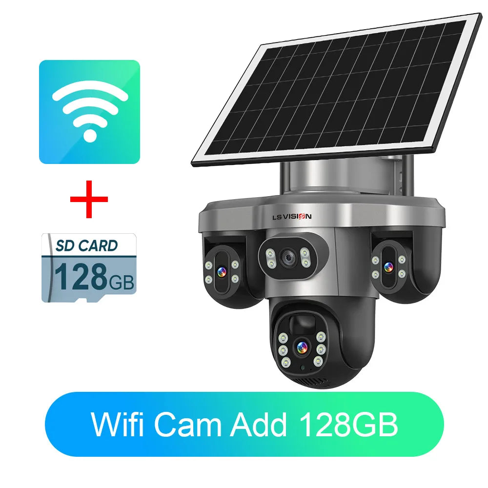 Outdoor solar security camera with dual solar panel and three-lens multi-angle design