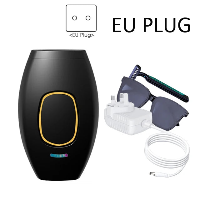 Black IPL laser hair removal device with EU plug, protective glasses, and razor for painless home bikini body care.