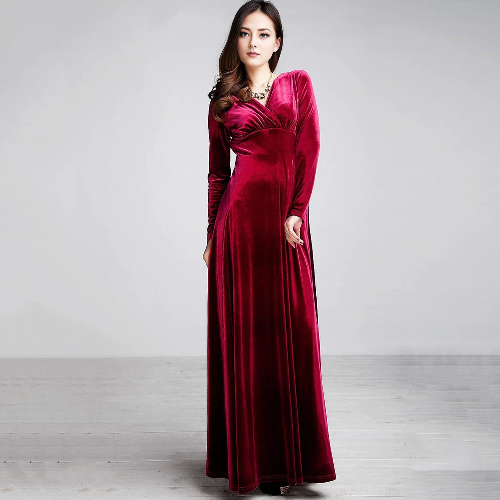 Vintage Women Autumn Long Sleeve V Neck Pleated Velvet Banquet Party Maxi Dress Party Wedding Elegant Evening dress 