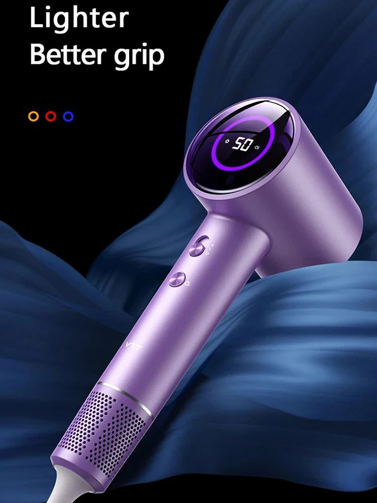 Purple high-speed ionic hair dryer with LED temperature display, ergonomic grip, and 1600W power for fast drying.