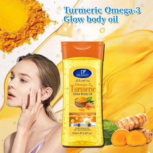 Turmeric glow body oil bottle with woman applying oil to skin, 200ml