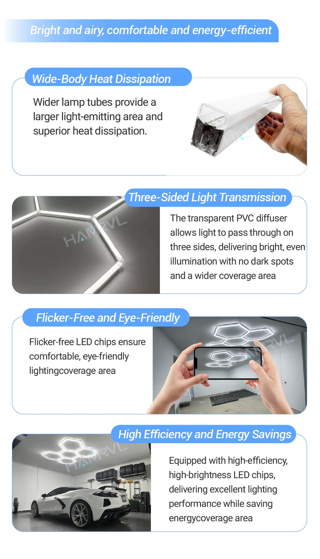 LED Rectangle Lighting 4S car showroom Barber Workshop Office Desk Ceiling Lamp Color change Dimmable Garage Hexagon Lights Gym