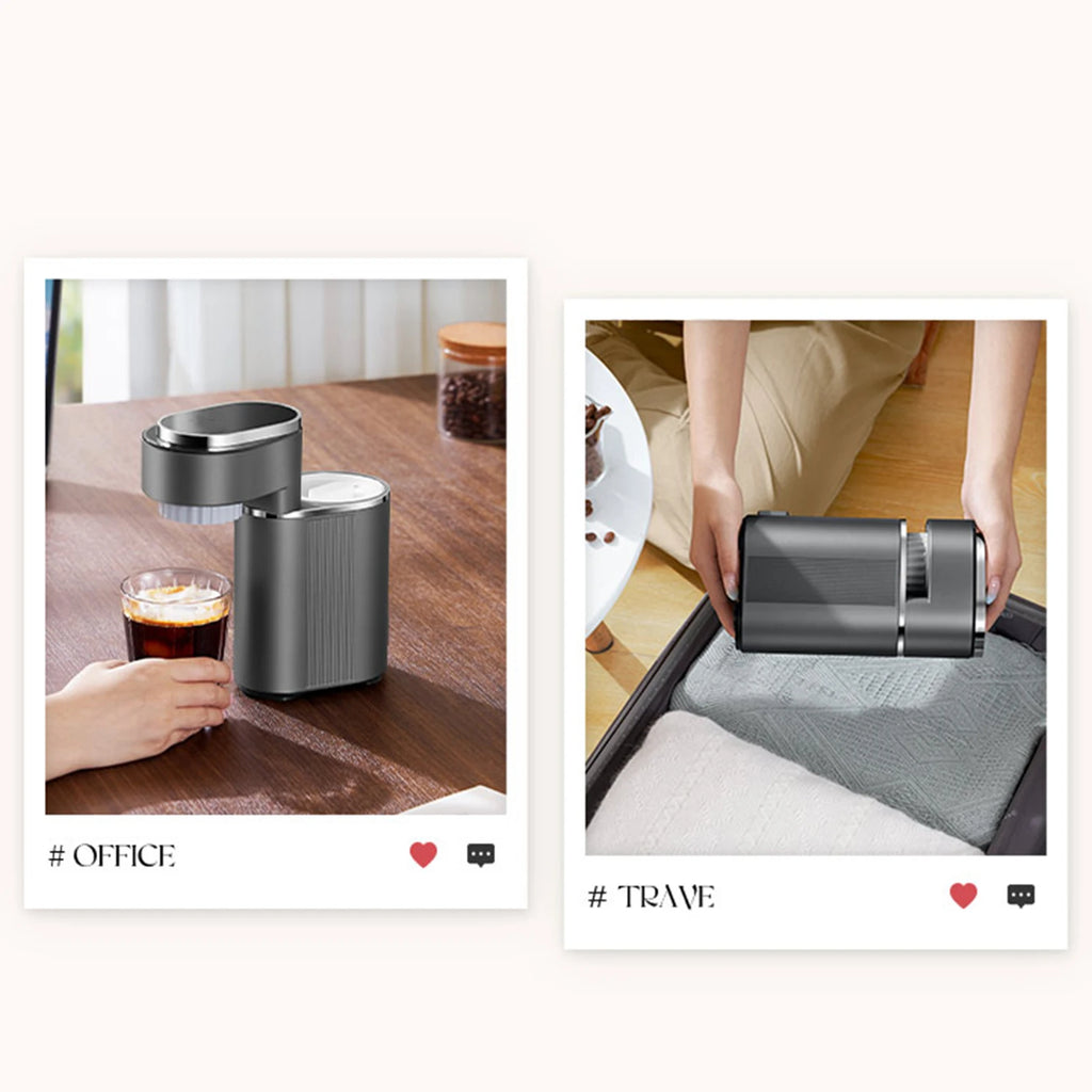 Compact dark grey portable coffee maker, durable metal finish for office use or travel, brewing a cup of cold brew.