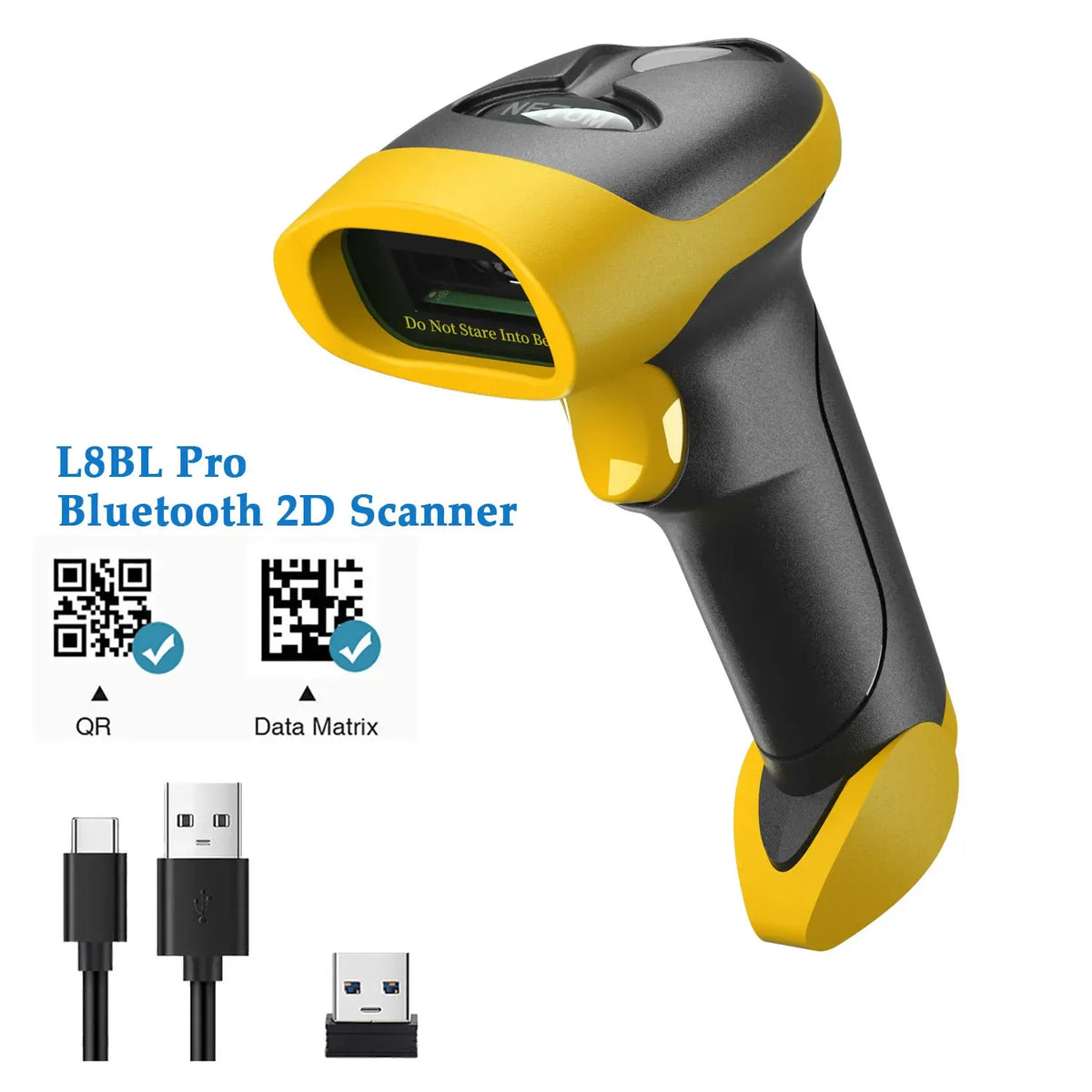 Bluetooth 2D barcode scanner with yellow and black handheld grip