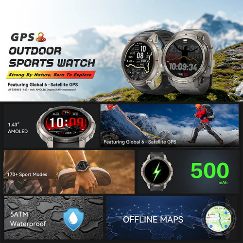 Two gray GPS outdoor sport smart watches with round displays on outdoor scenery