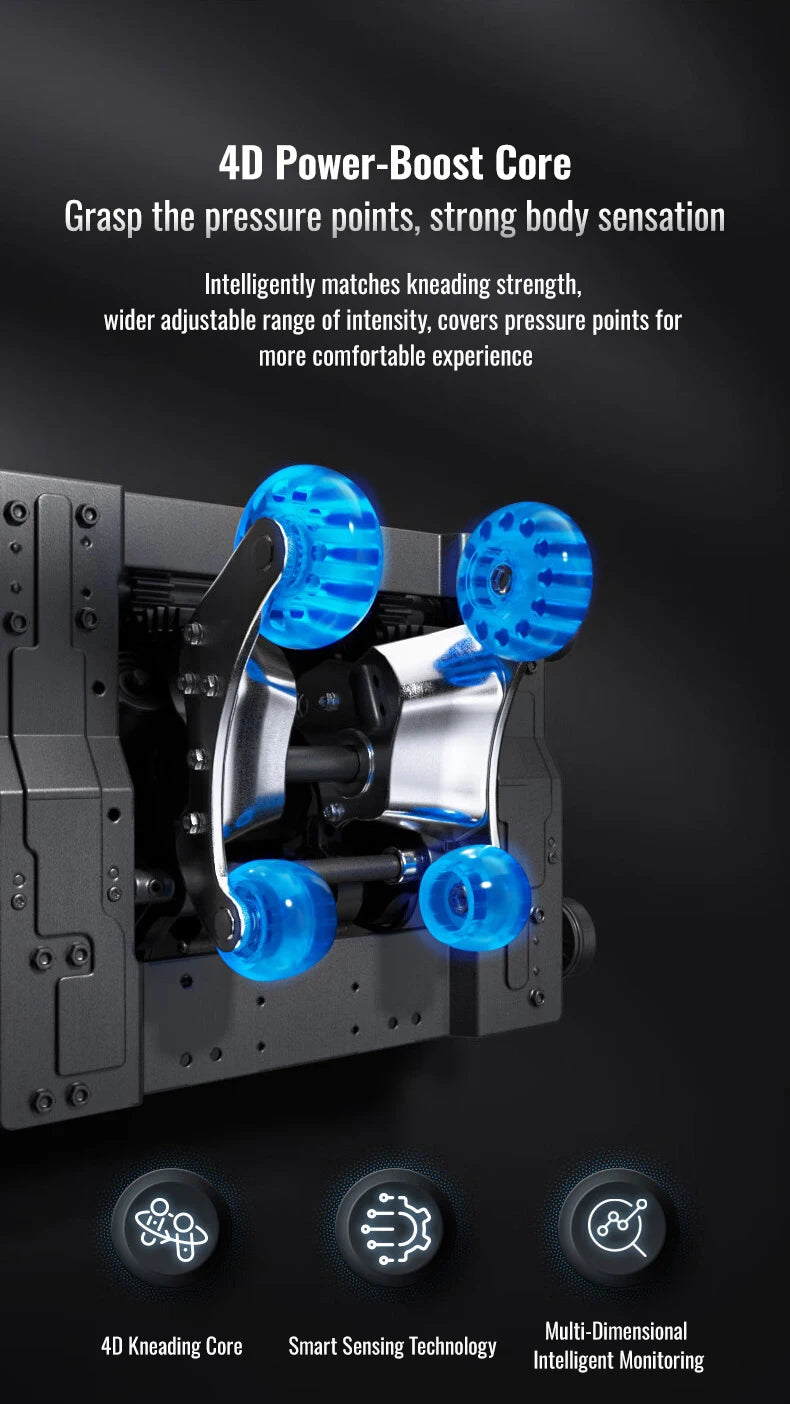 Close-up of a massage chair's 4D kneading mechanism with four translucent blue rollers and a metal support frame.