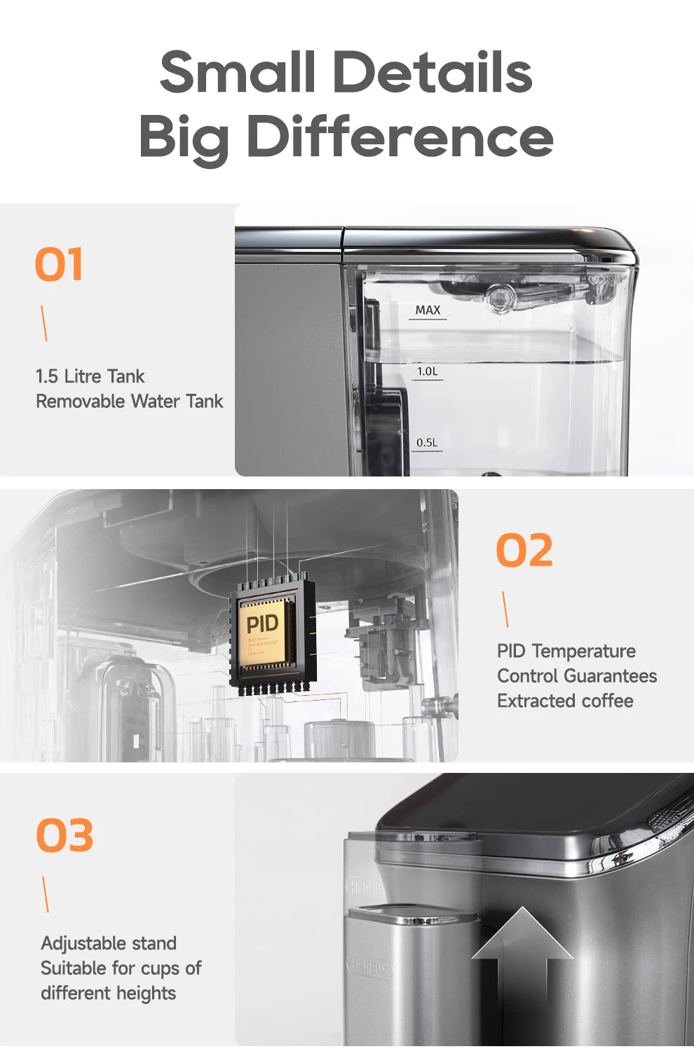Silver coffee maker features a 1.5L removable water tank, PID temperature control, and adjustable cup stand height.