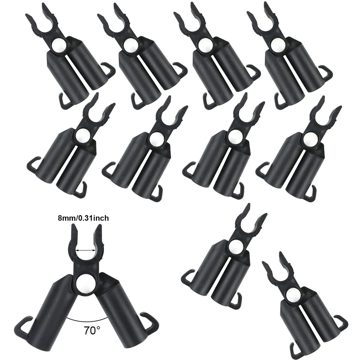 Black plastic plant support clips, 10-pack, adjustable angle 70° for 8mm diameter