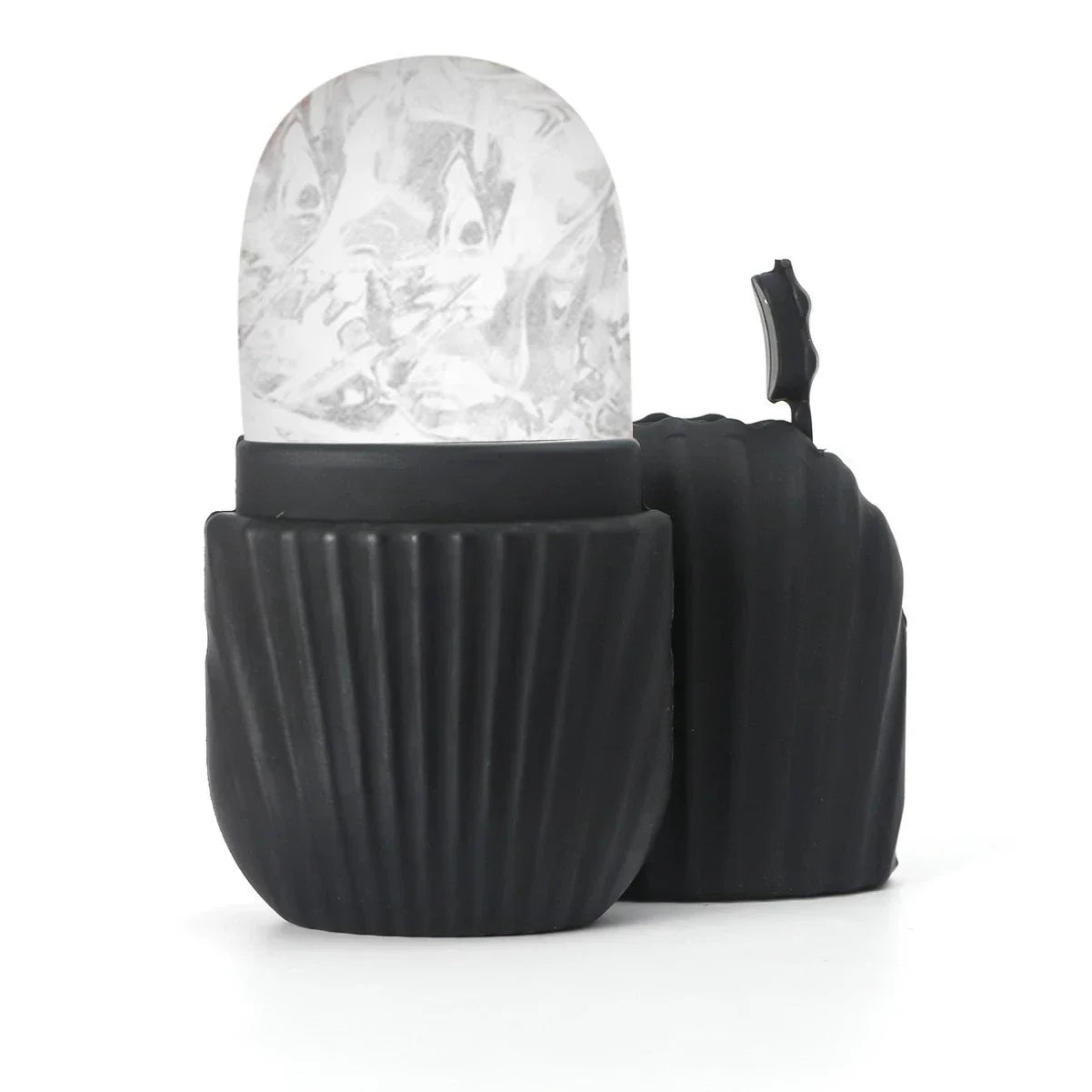 Black silicone ice face roller with a rounded, molded base and a separate cap, showing a frozen ice insert.