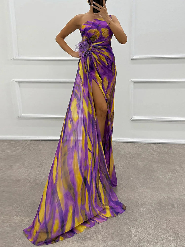 Printed Skew Collar Simple Party Dress, Women Summer Patchwork Sleeveless Elegant Maxi Dress, 2024 Backless Fashion Ladies Dress
