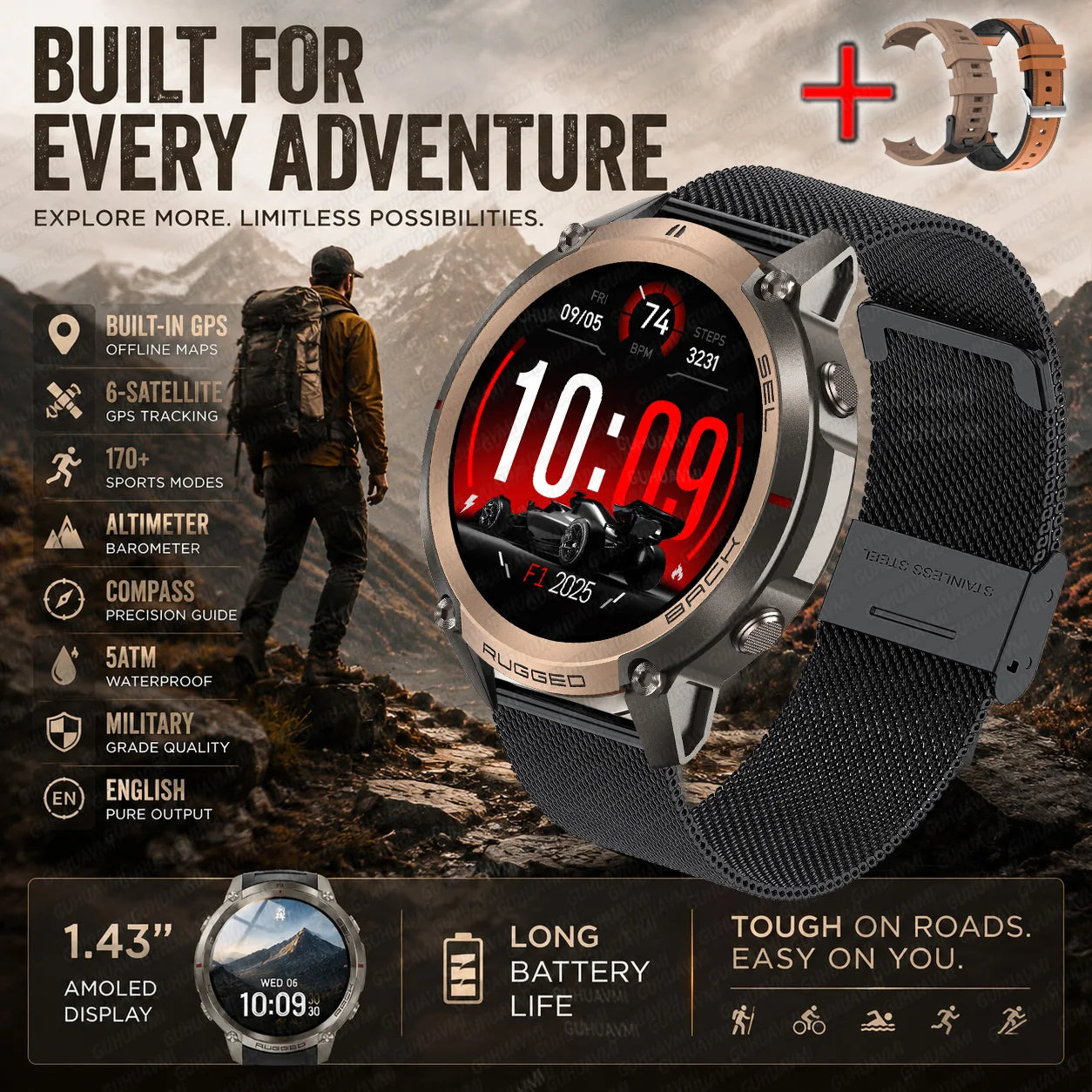 Sports smartwatch with round AMOLED display, silver case, and black mesh strap
