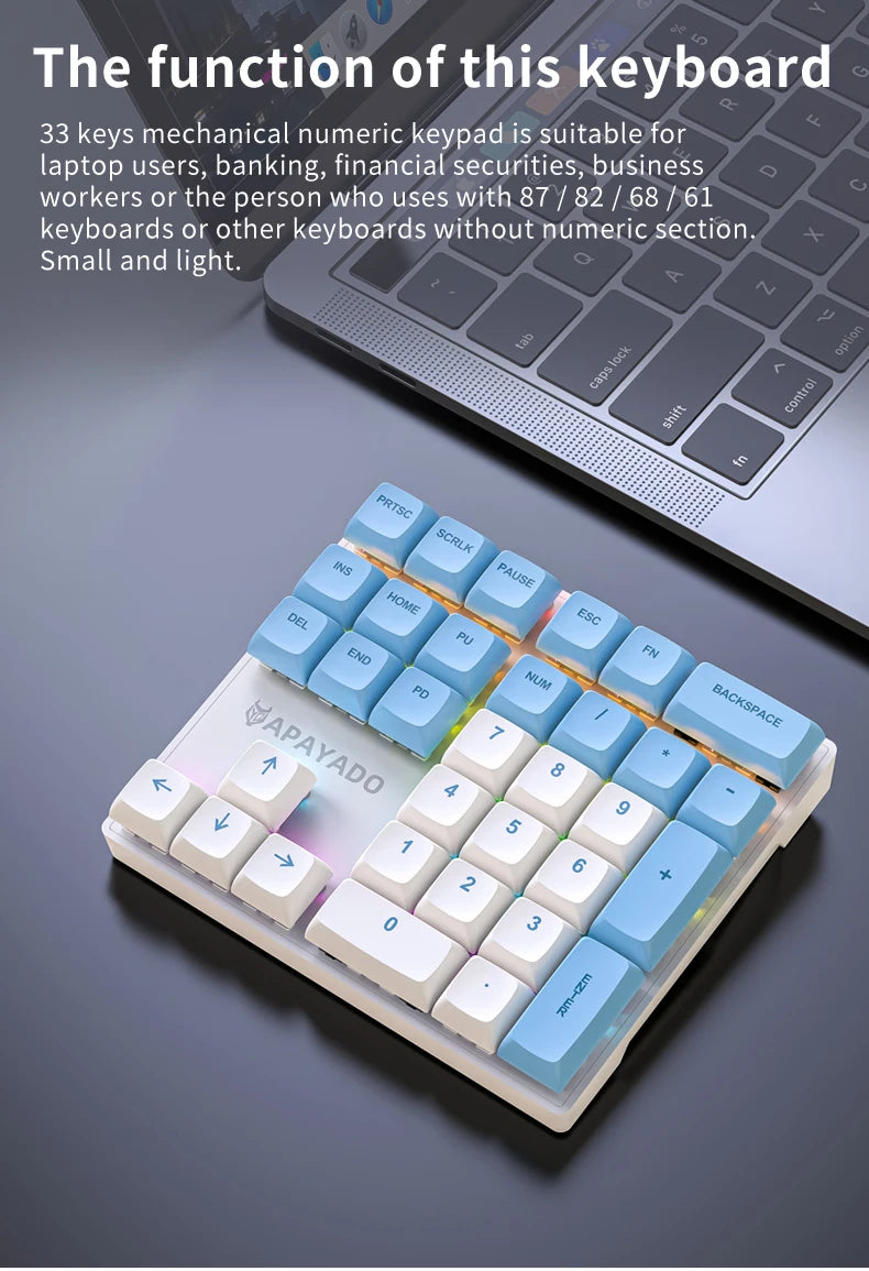 K33 Wired Mechanical Numeric Keypad With Multi-color Lights  Suitable for Finance, Business, 33-Key Laptop Numeric Keyboard