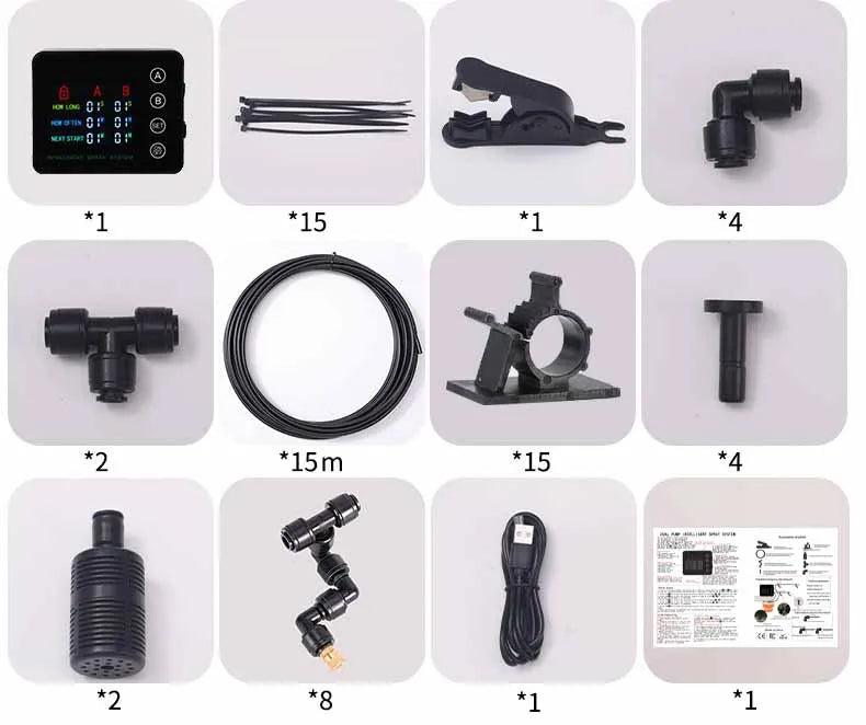 Automatic mist sprayer parts set with control box, tubing lines, connectors, nozzles