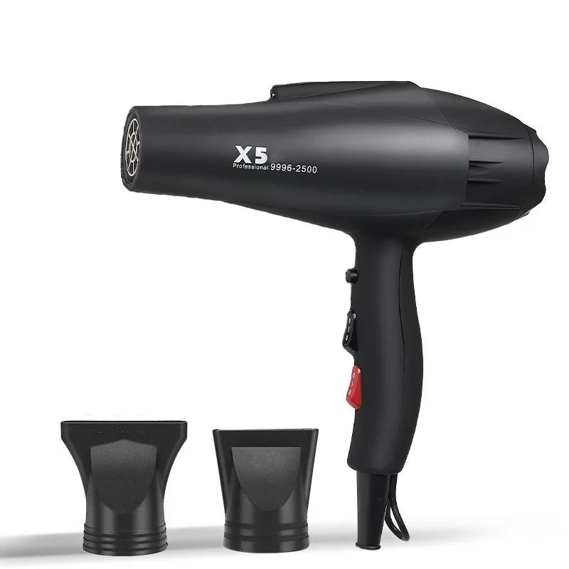 Black professional 2400W hair dryer with two styling concentrator nozzles for fast, salon-quality home hair drying.