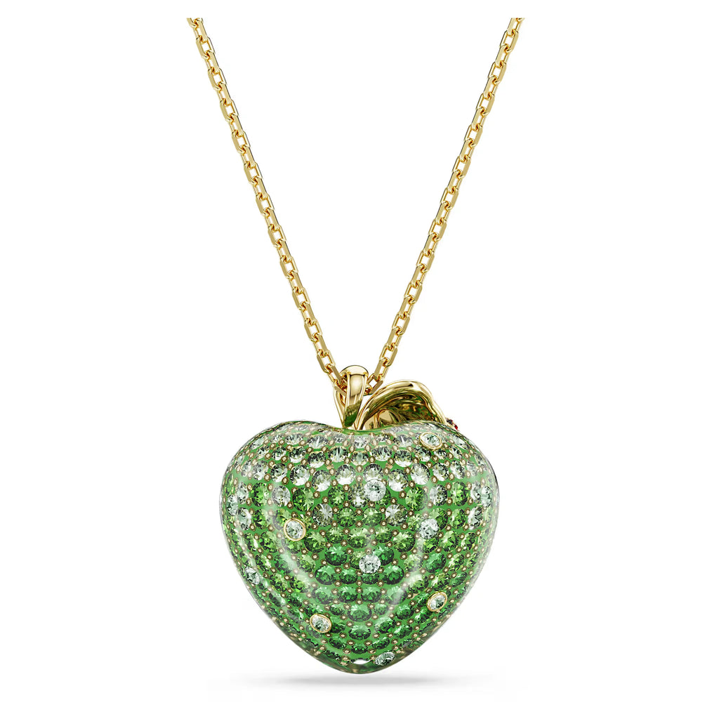 Green Crystal Apple Pendant Necklace with Gold Plated Chain and Ladybug Detail for Women