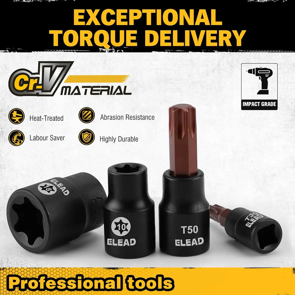 ELEAD 31PC Torx Bit Socket Set Premium CR-V & S2 Alloy Steel Star T8-T70 & E-Torx E4-E24 High Torque Laser Marked
