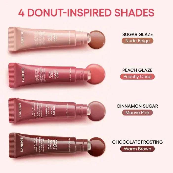 Laneige donut-inspired tinted lip serum set featuring four moisturizing, glossy shades in beige, coral, pink, and brown.