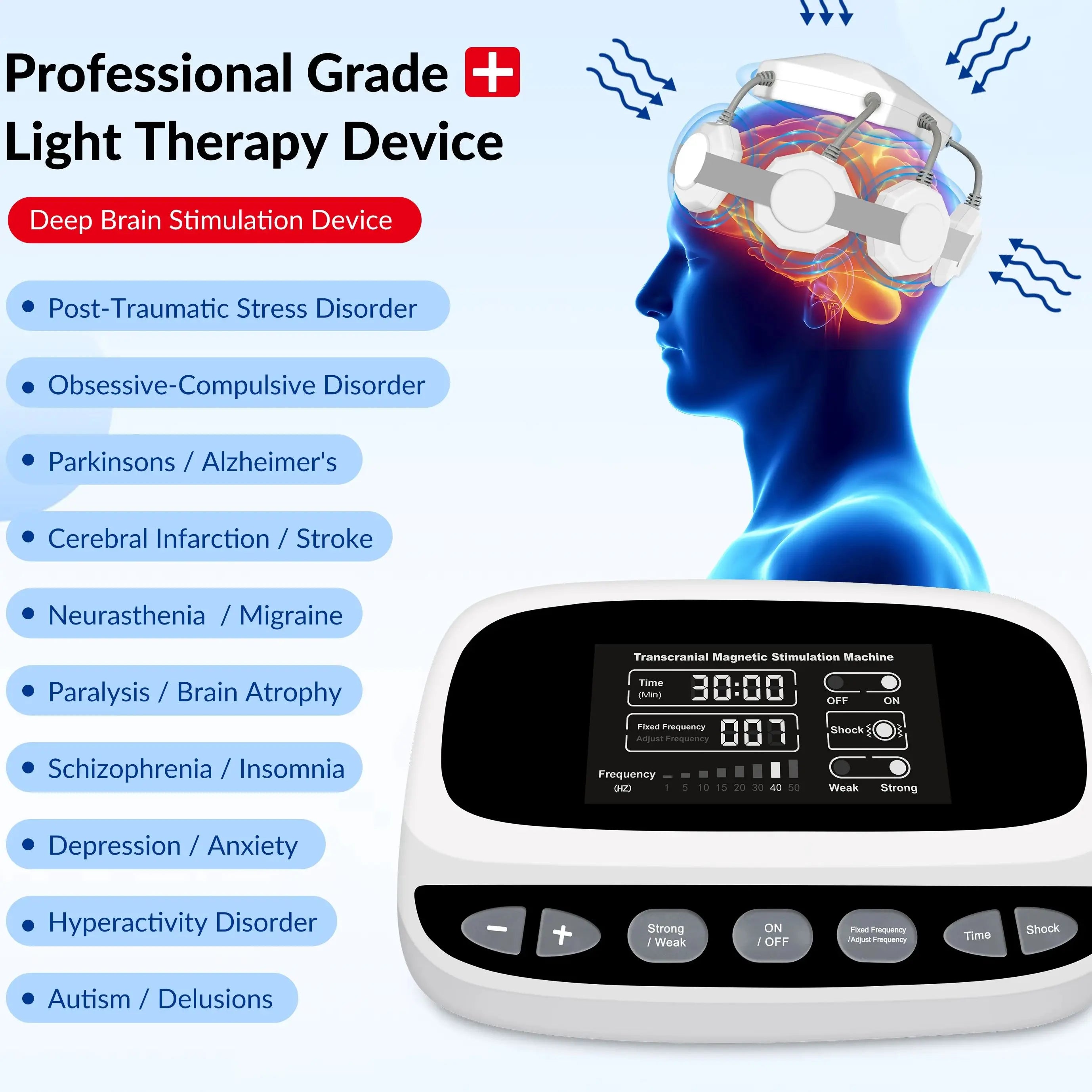 Frovab RTMS brain stimulation device for home use with white head cap and digital control screen for neuro recovery.
